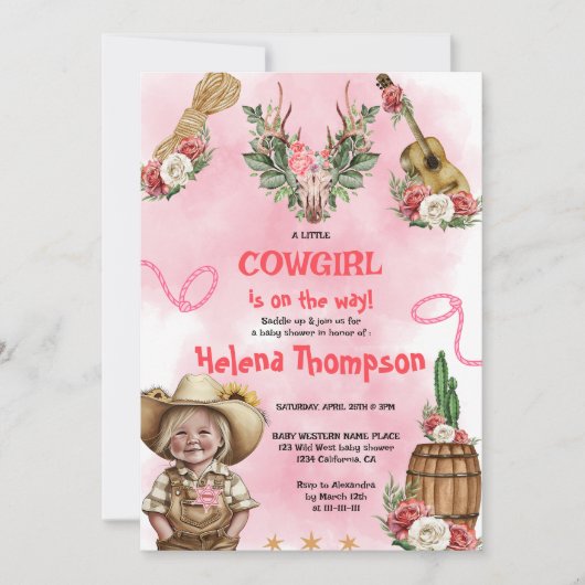 Pink Cowgirl Western Baby Shower  招待状 (正面)