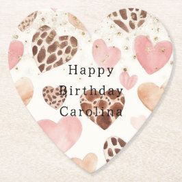 Pink Cream Animal Hearts Gold Sparkle Birthday ペーパーコースター