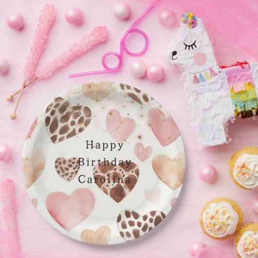 Pink Cream Animal Hearts Gold Sparkle Birthday ペーパープレート (パーティー)