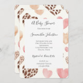 Pink Cream Brown Leopard Hearts Baby Shower 招待状 (正面/裏面)