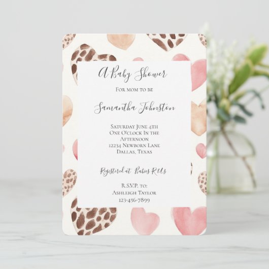 Pink Cream Brown Leopard Hearts Baby Shower 招待状 (スタンド正面)