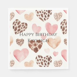 Pink Cream Brown Leopard Hearts Birthday スタンダードランチョンナプキン