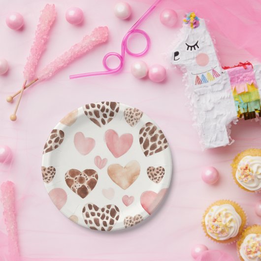 Pink Cream Brown Leopard Hearts Birthday ペーパープレート (パーティー)