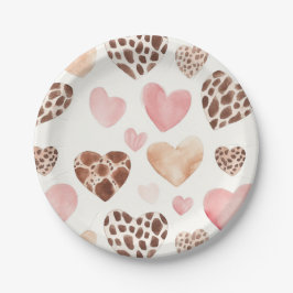 Pink Cream Brown Leopard Hearts Birthday ペーパープレート