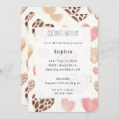 Pink Cream Brown Leopard Hearts Birthday 招待状 (正面/裏面)