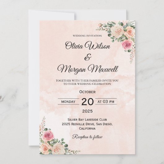 Pink Cream Floral Chic Wedding Invitation 招待状 (正面)