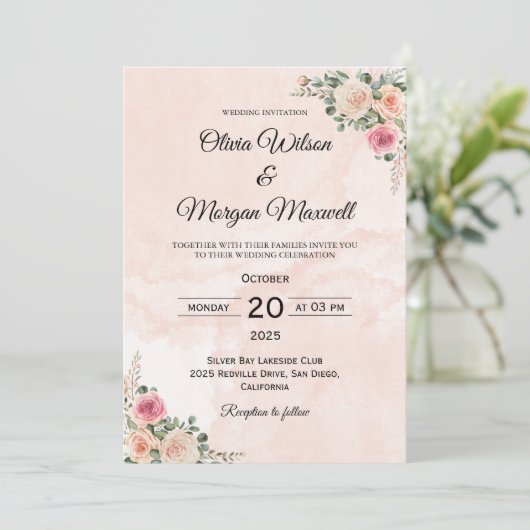 Pink Cream Floral Chic Wedding Invitation 招待状 (スタンド正面)