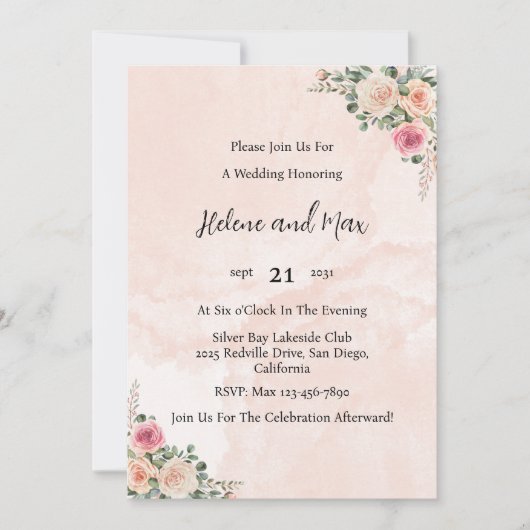 Pink Cream Floral Elegant Wedding Invitation 招待状 (正面)