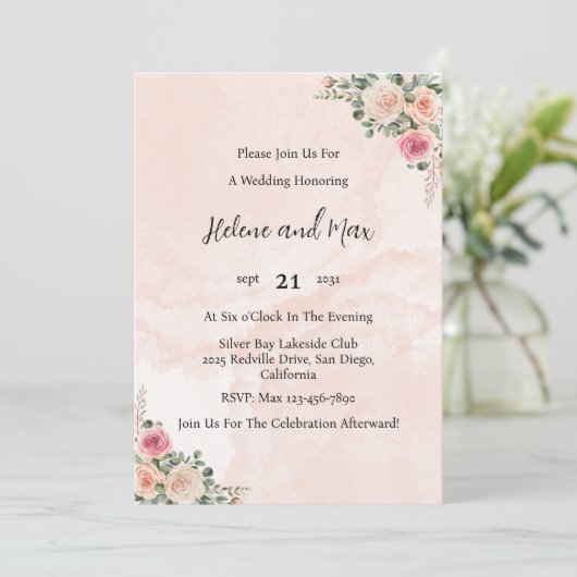 Pink Cream Floral Elegant Wedding Invitation 招待状 (スタンド正面)