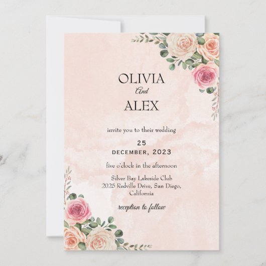 Pink Cream Floral Elegant Wedding Invitation 招待状 (正面)