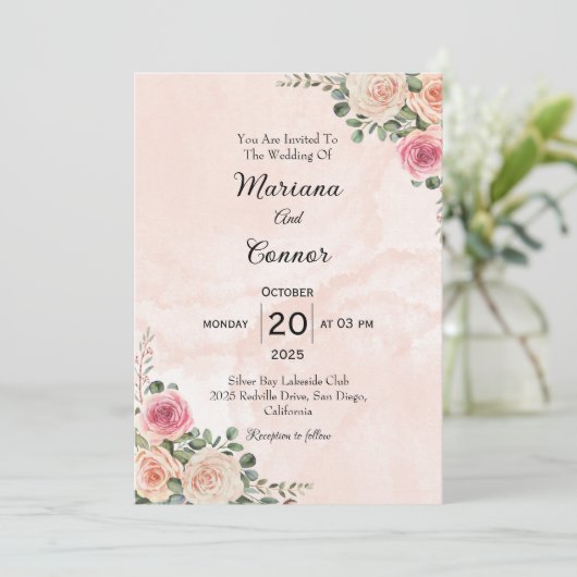 Pink Cream Floral Minimal Wedding Invitation 招待状 (スタンド正面)