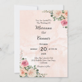 Pink Cream Floral Minimal Wedding Invitation 招待状
