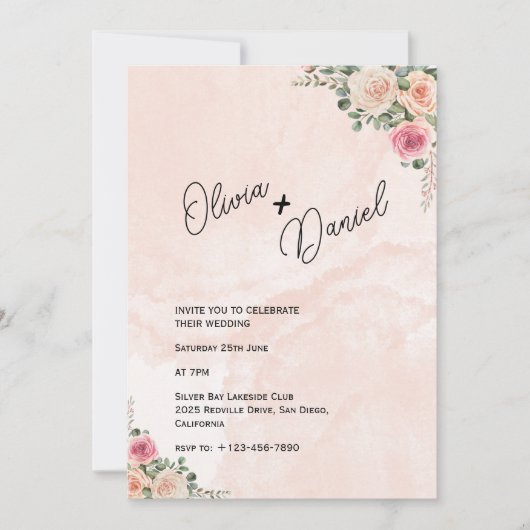 Pink Cream Floral Rustic Wedding Invitation 招待状 (正面)