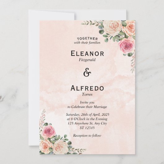 Pink Cream Floral Vintage Wedding Invitation 招待状 (正面)