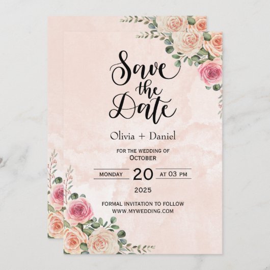 Pink Cream Floral Wedding Save the Date Cards 招待状 (正面/裏面)