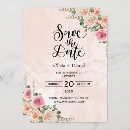 Pink Cream Floral Wedding Save the Date Cards 招待状