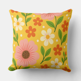 Pink, cream & Orange Flowers with Green Leaves クッション