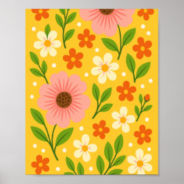Pink, cream & Orange Flowers with Green Leaves ポスター