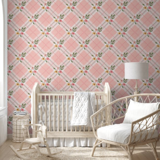 Pink Cream Plaid Floral Wallpaper 壁紙