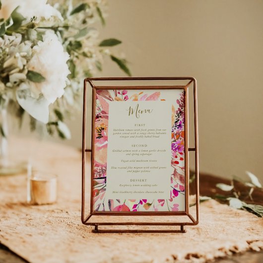 Pink Cream Watercolor Floral Custom Wedding Menu 招待状