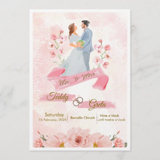 Pink Cream Watercolor Wedding Invitation 招待状 (正面)