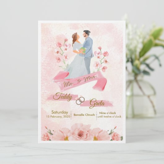Pink Cream Watercolor Wedding Invitation 招待状 (スタンド正面)