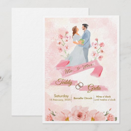 Pink Cream Watercolor Wedding Invitation 招待状 (正面/裏面)