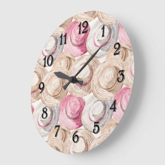 Pink Cream White Straw Hats  ラージ壁時計 (傾斜)