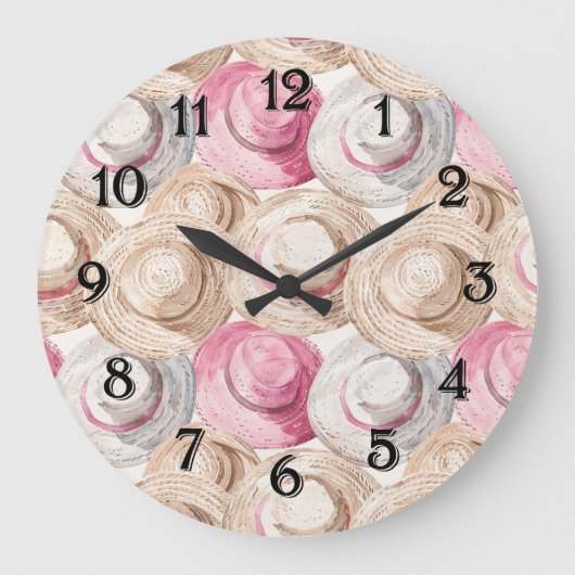 Pink Cream White Straw Hats ラージ壁時計 (正面)