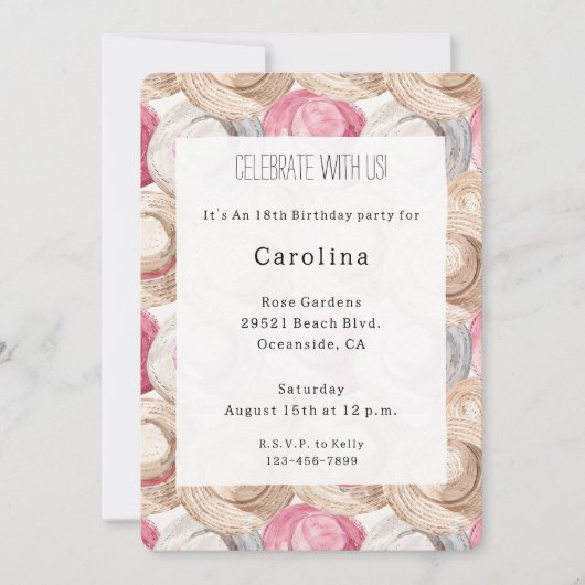 Pink Cream White Straw Hats Birthday 招待状 (正面)