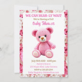 Pink Crocheted Teddy Bear Girl's Baby Shower 招待状 (正面)
