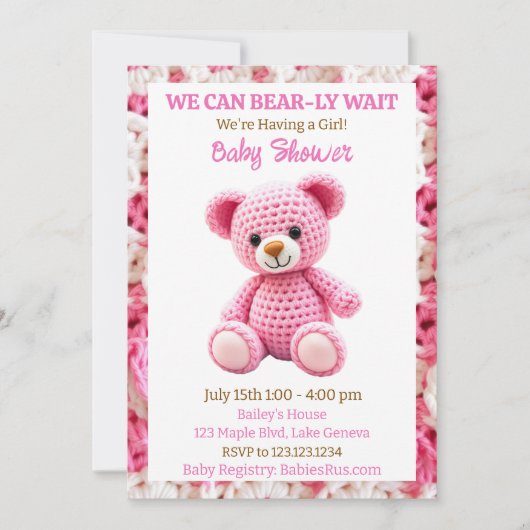 Pink Crocheted Teddy Bear Girl's Baby Shower 招待状 (正面)