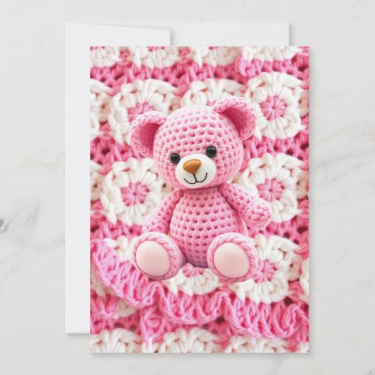 Pink Crocheted Teddy Bear Girl's Baby Shower 招待状 (裏面)