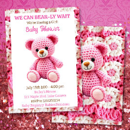 Pink Crocheted Teddy Bear Girl's Baby Shower 招待状