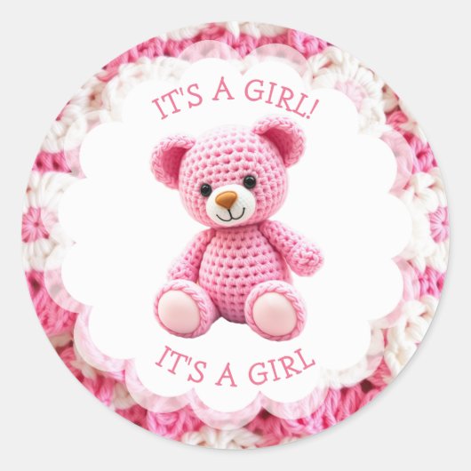 Pink Crocheted Teddy Bear It's a Girl ラウンドシール (正面)