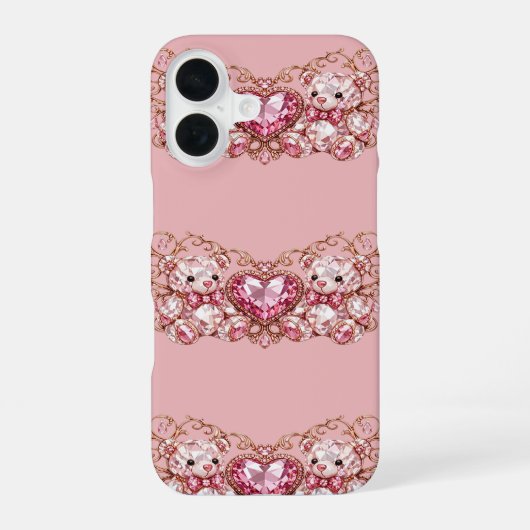 Pink Crystal Teddy Bears with Gem Heart iPhone 16ケース (裏面)
