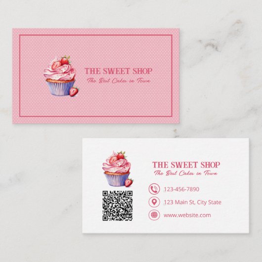 Pink Cupcake Bakery QR Code Business Card 名刺 (正面/裏面)