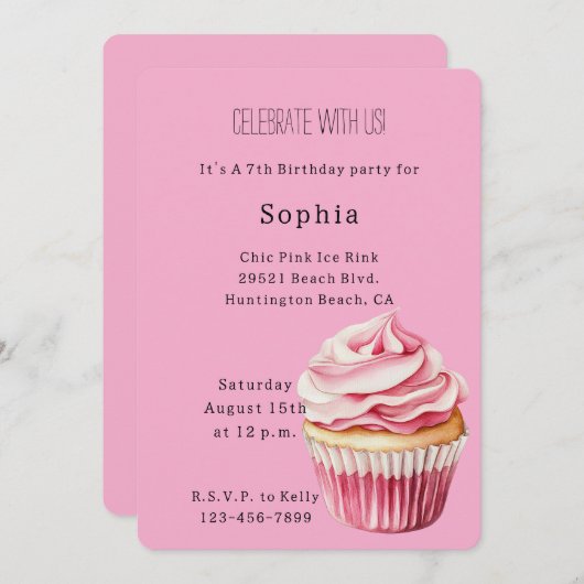 Pink Cupcake Birthday 招待状 (正面/裏面)