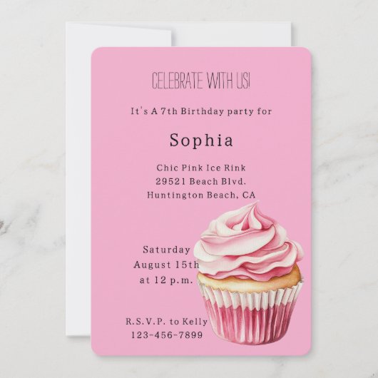 Pink Cupcake Birthday 招待状 (正面)