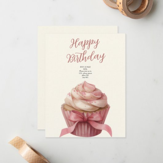 Pink cupcake Birthday Celebration invitation ノートカード (正面/裏面インサイチュ)