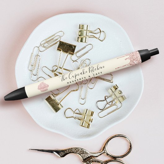 Pink Cupcake Glitter Drips Bakery Pastry Chef Gold 黒ボールペン