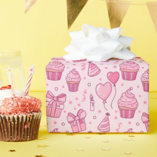 Pink Cupcakes Birthday Wrapping Paper ラッピングペーパー (誕生日パーティー)