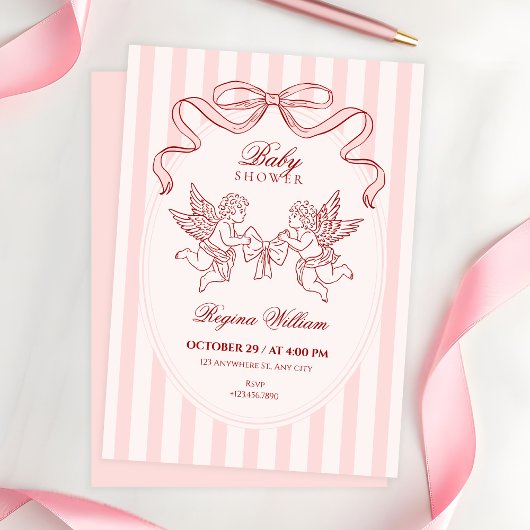 Pink Cupid angel baby shower 招待状