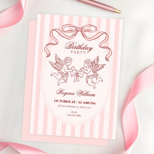 Pink Cupid angel birthday 招待状