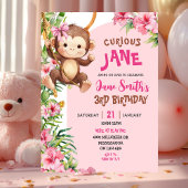 Pink Curious Monkey Safari Theme Birthday 招待状