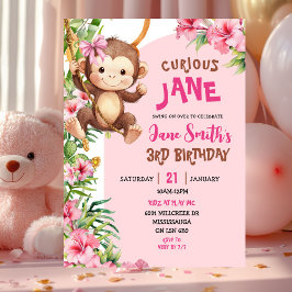 Pink Curious Monkey Safari Theme Birthday 招待状