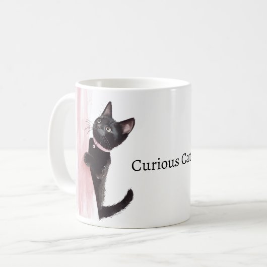 Pink Curtain Curious Cat コーヒーマグカップ (正面左)