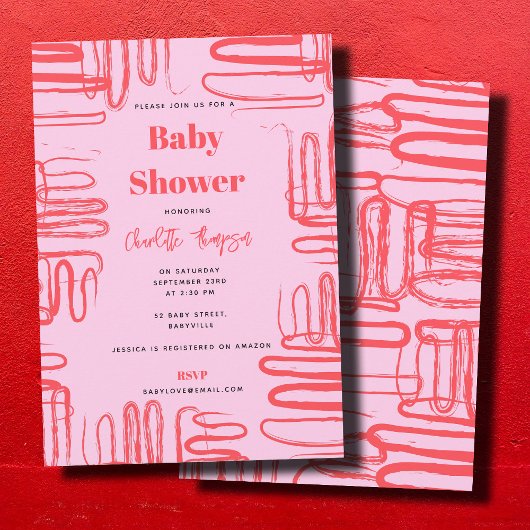 Pink Curve Wavy Squiggle Abstract Baby Shower 招待状