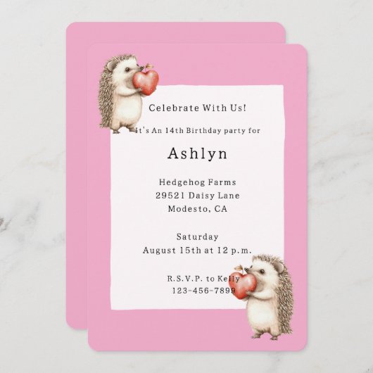 Pink Cute Adorable Hedgehogs Hearts Birthday 招待状 (正面/裏面)