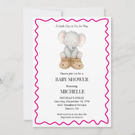 Pink Cute Baby Elephant Baby Shower Invitation  招待状